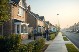 A row of charming residential homes on a sunny street in Hockley with a real estate sign in the foreground.