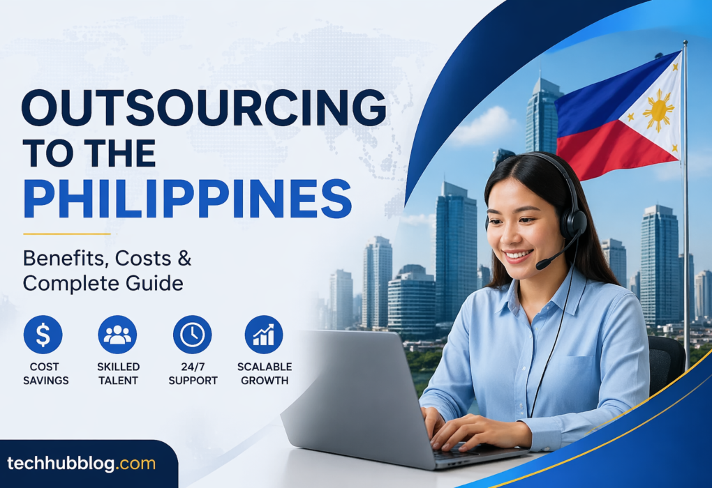 Outsourcing to the Philippines banner showing a customer support professional working remotely with Philippine flag and business benefits illustration