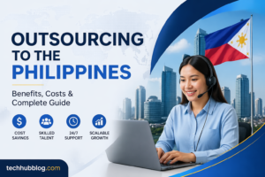 Outsourcing to the Philippines banner showing a customer support professional working remotely with Philippine flag and business benefits illustration